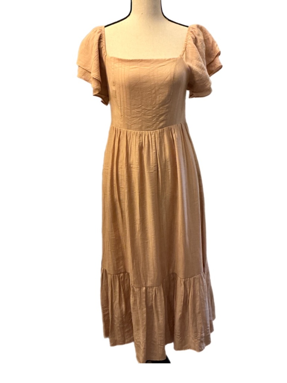 Listicle Beige Puff-Sleeve Square Neck Midi Prairie Dress